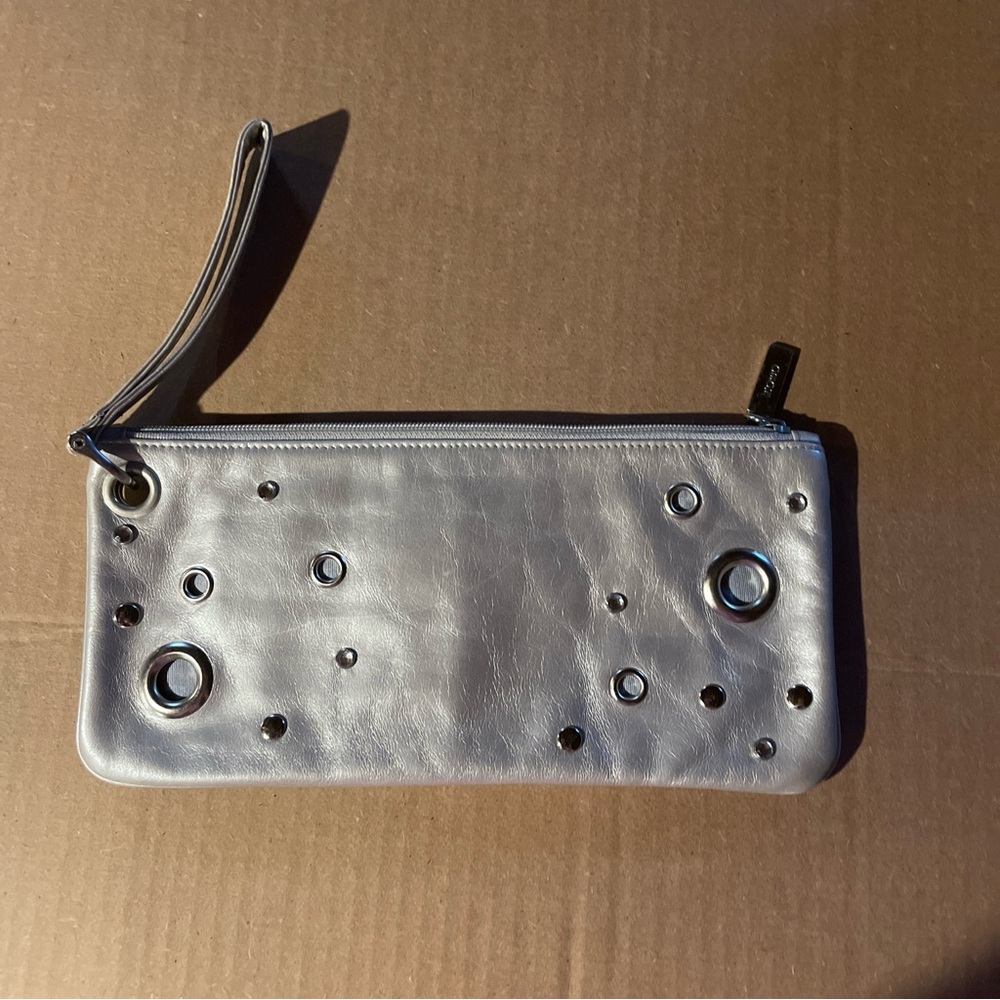 Vintage Hobo International Leather Wristlet Clutch Purse Silver Embellished